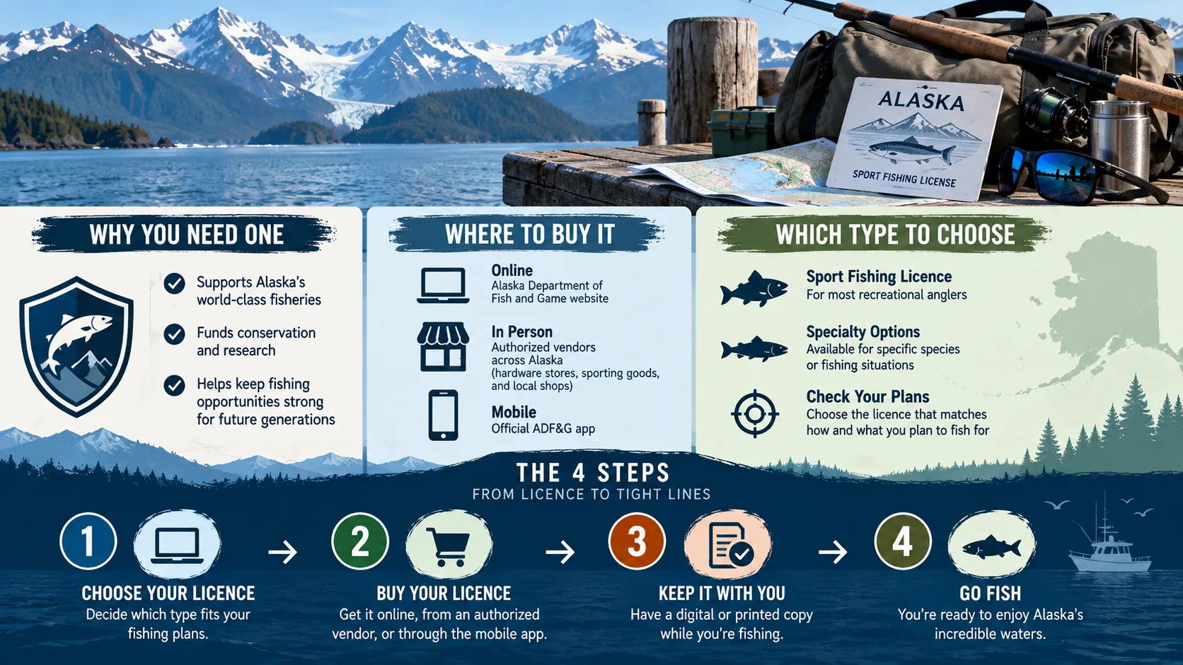 A diagram of how to get an Alaska sport fishing licence, in four steps. Every step is described in the text below.